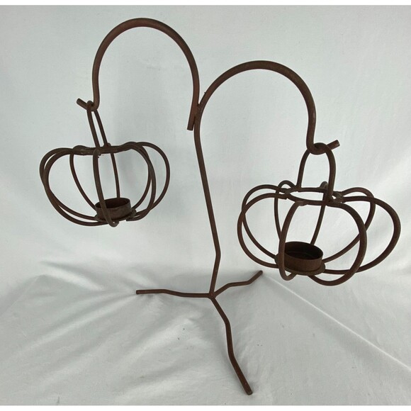 Metal Pumpkin 2 Votive Tea Light Candle Stand Holder Fall Havest 13.5" Decor - Picture 3 of 9